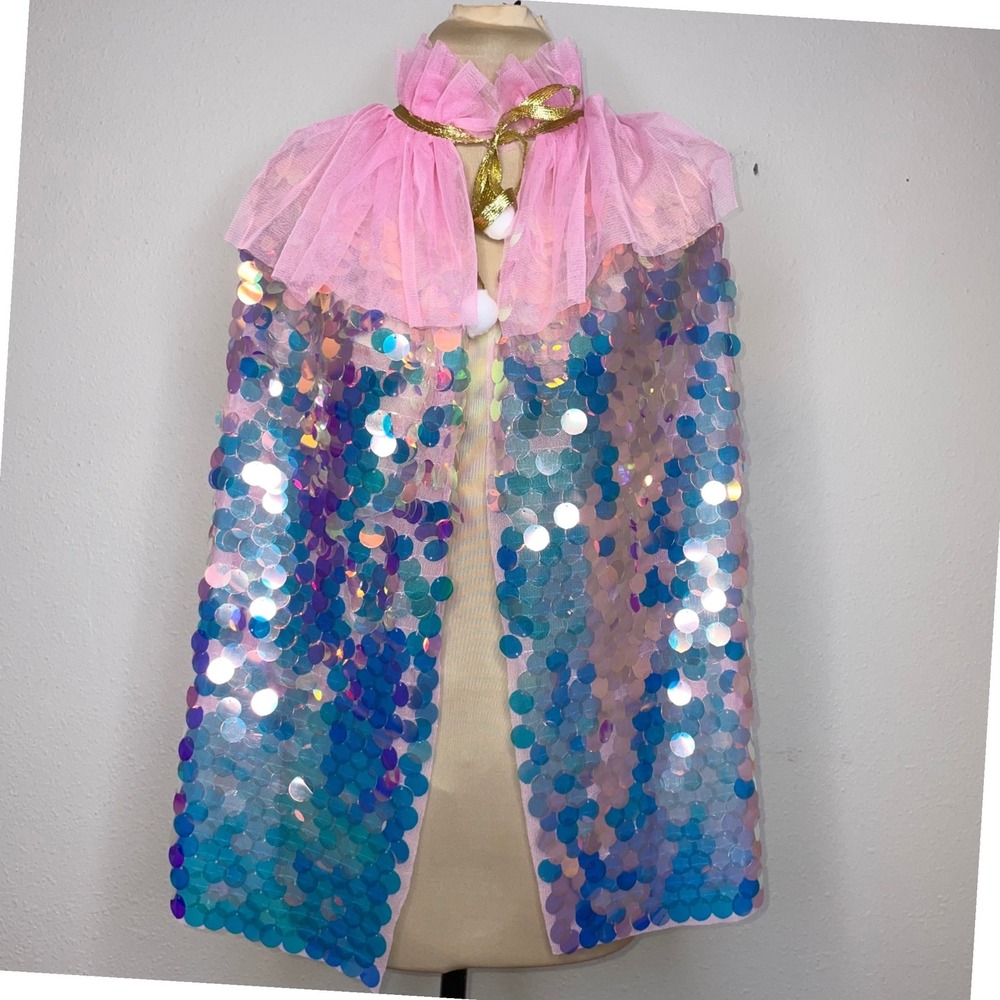 Princess Mermaid Costume Cape Sequin Cosplay Fairy Pink Blue Girls